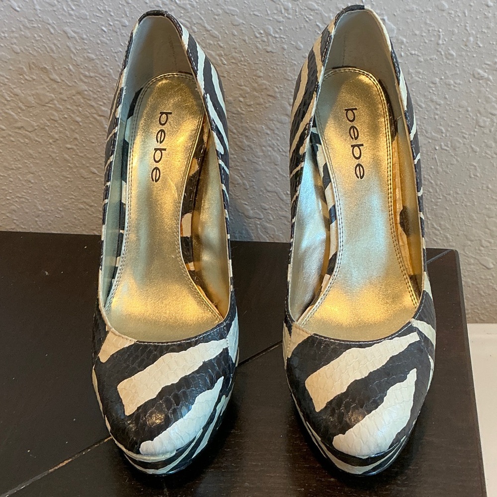 Bebe Zebra Patterned Heels with Gold Interior Size 8